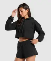 Fleece Crop Pullover(Black,XXS)