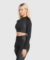 Caged Seamless Long Sleeve Crop Top(Black/Graphite Grey,XXS)