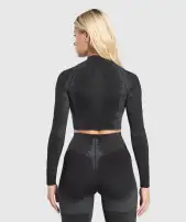 Caged Seamless Long Sleeve Crop Top(Black/Graphite Grey,XXS)