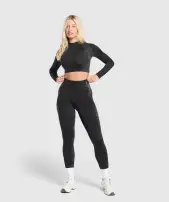 Caged Seamless Long Sleeve Crop Top(Black/Graphite Grey,XXS)