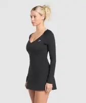 Long Sleeve Workout Dress(Black,XXS)