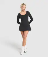 Long Sleeve Workout Dress(Black,XXS)