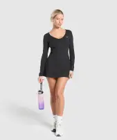 Long Sleeve Workout Dress(Black,XXS)