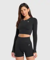 Everyday Seamless Long Sleeve Crop Top(Black,XXS)