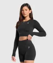 Everyday Seamless Long Sleeve Crop Top(Black,XXS)
