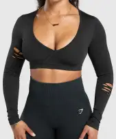 Gains Seamless Distressed Super Crop Top(Black,XXS)